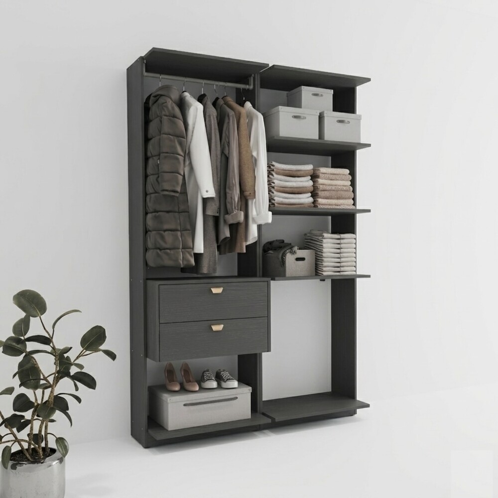 VESTIDOR 2 MÓDULOS - ESTANTES Y 2 CAJONES GUARDARROPA ARMARIO CLOSET PLACARD NEGRO