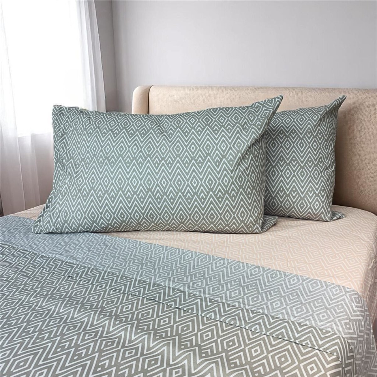 JUEGO DE SABANAS ALGODON 144H QUEEN 160x200+35CM ROMBOS BEIGE/GRIS CANNON 