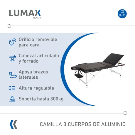 Camilla Portátil 3 Cuerpos Profesional Lumax de Aluminio 185x60cm Negro