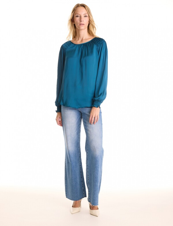 Blusa Saten Frunces PETROLEO