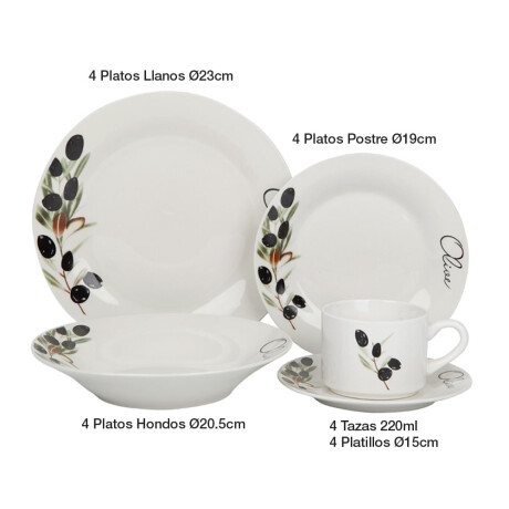 Juego Vajilla Porcelana 20 Piezas Platos Llanos Hondos Tazas Olive