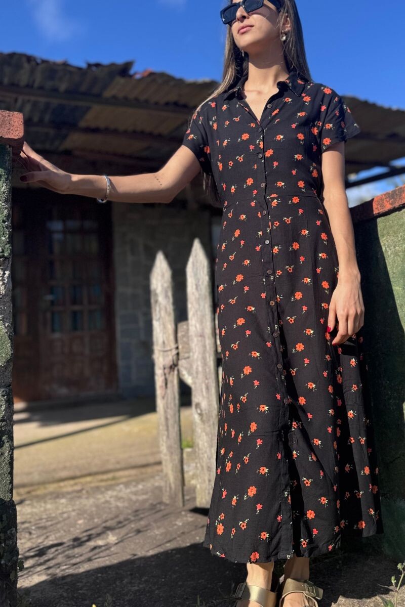 Vestido camisero largo - Negro y naranja 