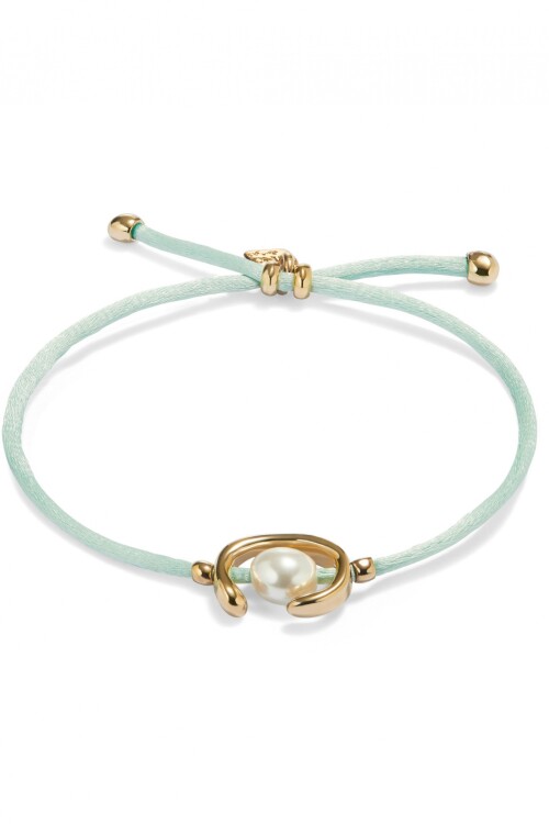 PULSERA DE HILO VERDE AZULADO CON PERLA SHELL FORNITURA BAÑADA EN ORO 18K. Pulsera