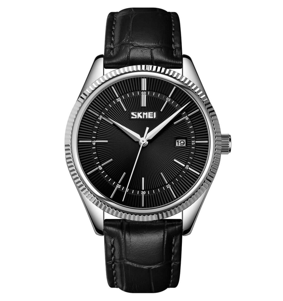 Reloj Clásico Para Hombre Skmei 9298sibkbk Color Plateado Con Correa Negra 