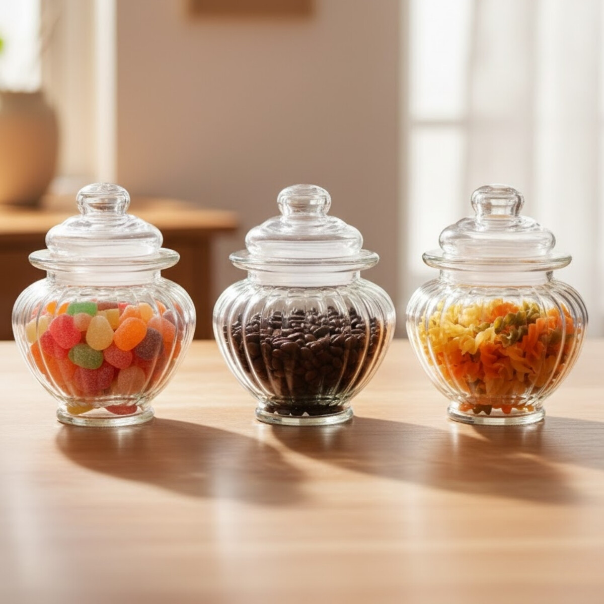 Set x3 Frasco de vidrio ovalado con tapa 300 ml - TRANSPARENTE 