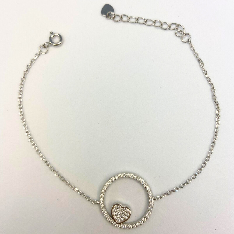 PULSERA DE PLATA CIRCULO CON CORAZON Y CIRCONIAS , LARGO 17+3 CM L5dslf-011712-b-x4