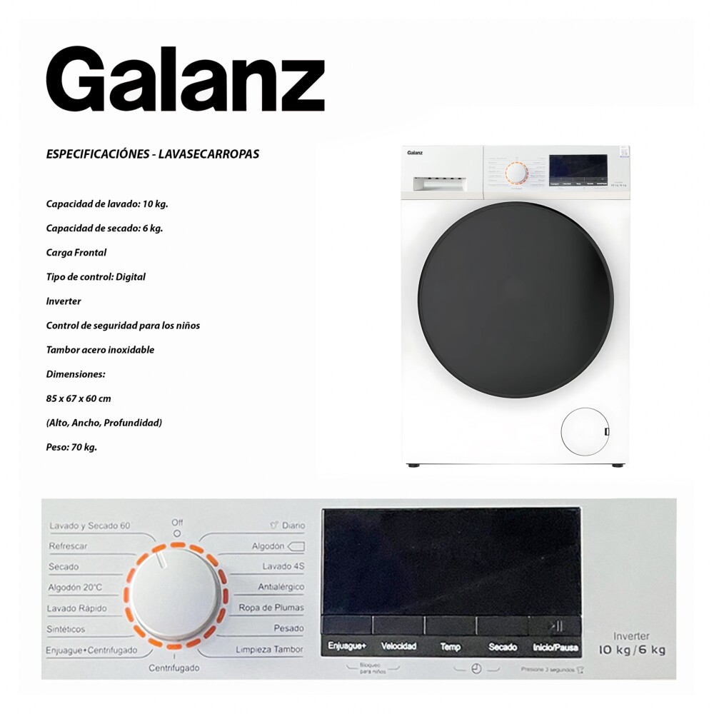 Lavasecarropas frontal inverter - Galanz - 10Kg / 6kg Lavasecarropas frontal inverter - Galanz - 10Kg / 6kg