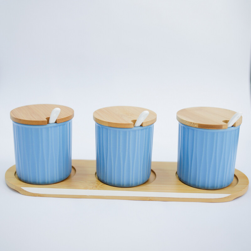 Set de Recipientes en Cerámica con Tapa y Cuchara Celeste