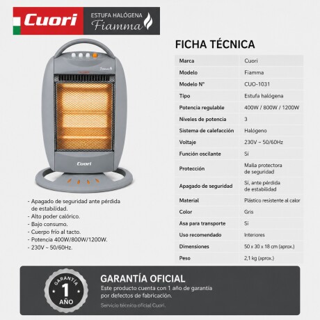 Estufa Halógena Eléctrica Cuori 1200W 3 Posiciones Gris