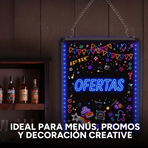 Cartel Pizarra LED 40x30cm Luces Colores + Marcadores Neón Color Negro