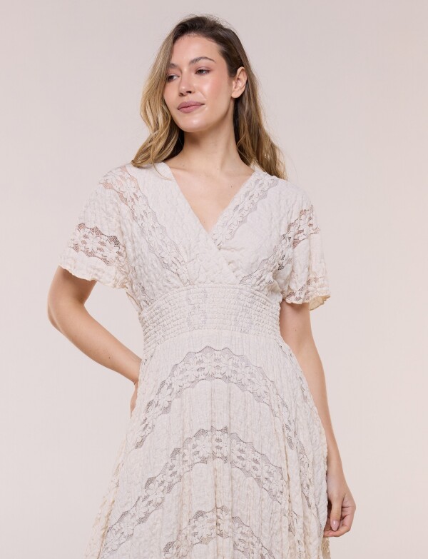 Vestido De Encaje Con Frunces BEIGE CLARO