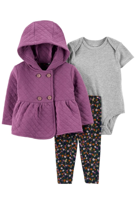 Set tres piezas de algodón, campera capitoneada, calza y body Set tres piezas de algodón, campera capitoneada, calza y body