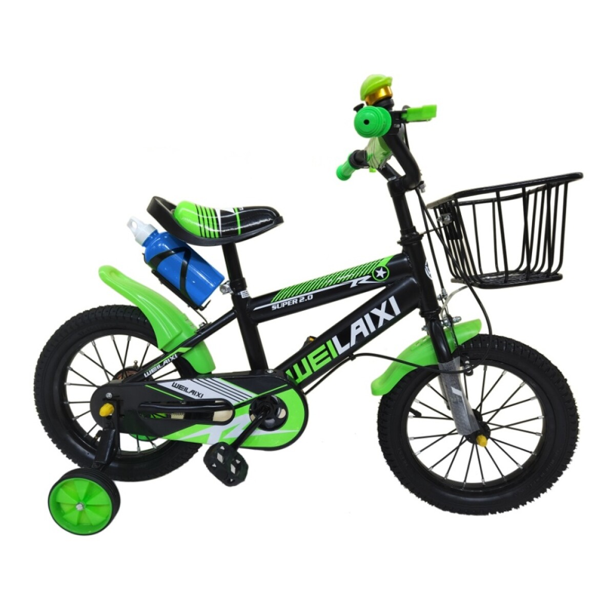 Bicicleta Infantil Rodado 16 c/Canasto Rueditas Portabotella - Negro/verde 