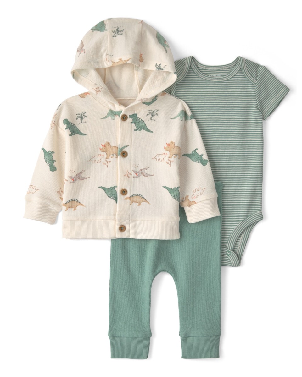 Set tres piezas de algodón, pantalón, body y saco con capucha, verde y marfil, diseño dinos 
