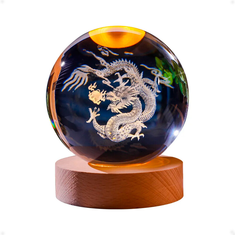 Lampara Veladora Bola de Cristal de 8 CM con Led y Base de Madera Dragón