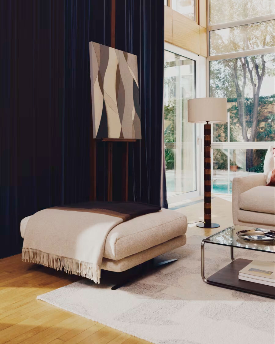 Reposapiés Veliro de chenilla beige y patas de acero con acabado negro 85 x 90 cm FSC Mix Credit Reposapiés Veliro de chenilla beige y patas de acero con acabado negro 85 x 90 cm FSC Mix Credit