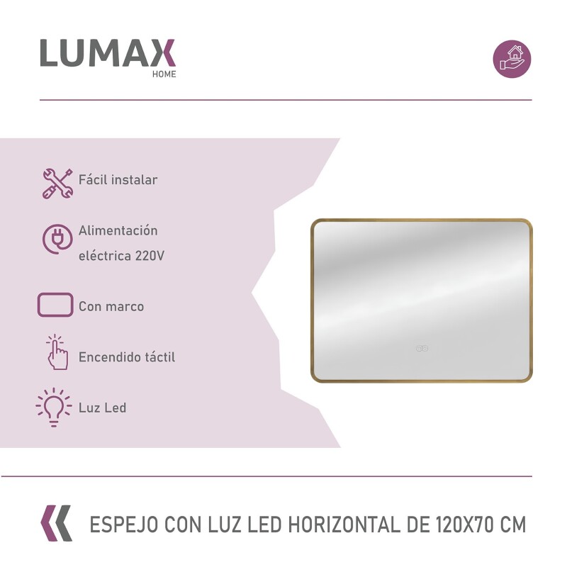 Espejo Horizontal Lumax Suleban c/marco y luz 120x70cm Dorado