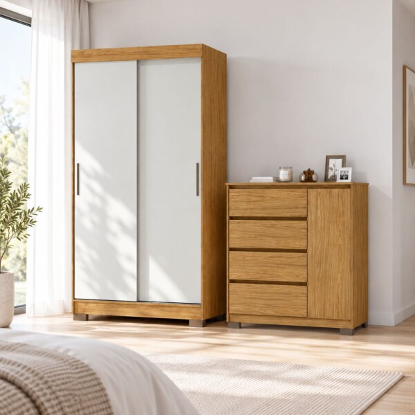 COMBO DORMITORIO – ROPERO 2 PUERTAS CORREDIZAS + CÓMODA ZAPATERA MARROCO OFF WHITE