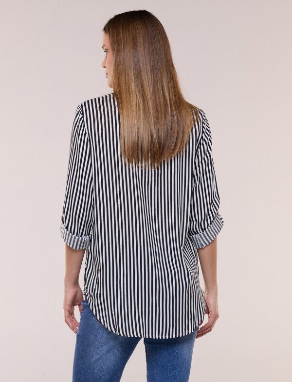 Camisa Clásica Rayada Con Mangas Arremangables NEGRO