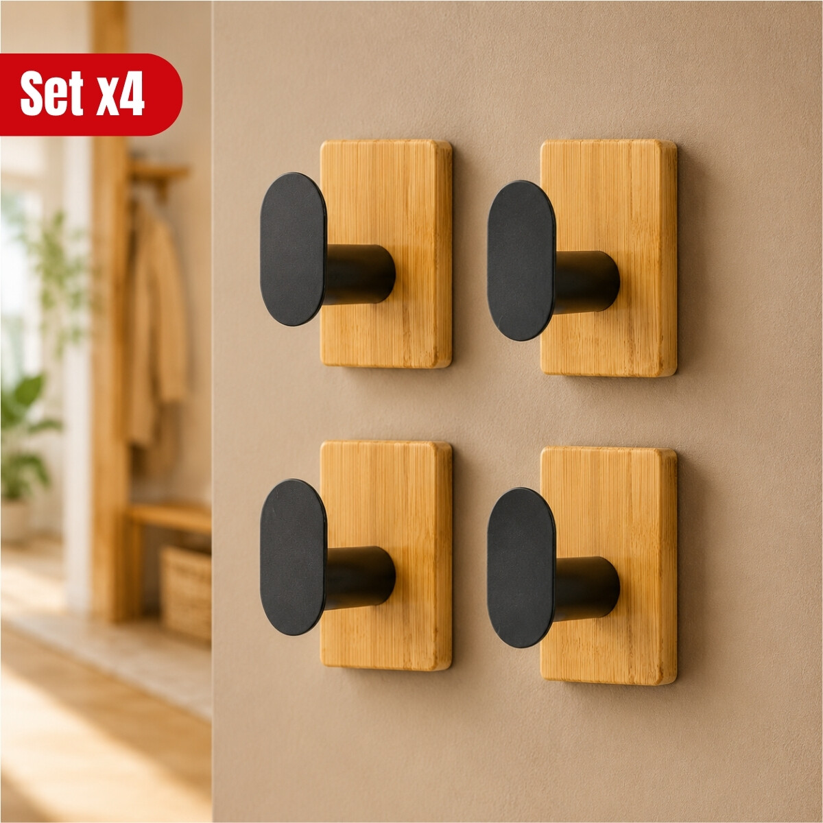 Set x4 percheros de pared adhesivos - NATURAL Y NEGRO 