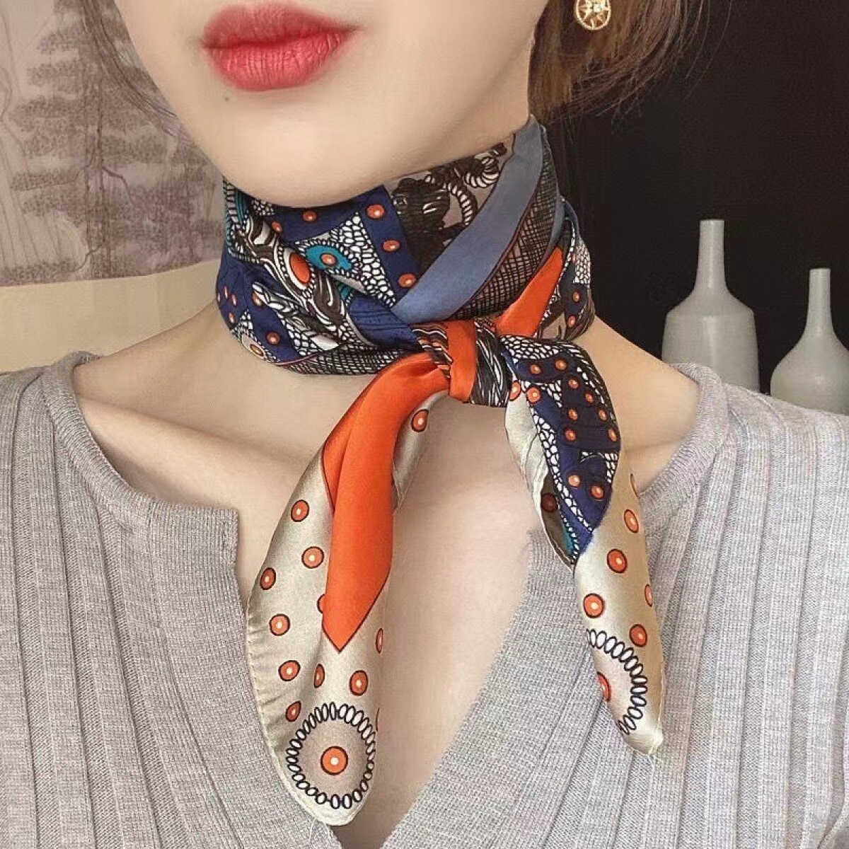 Pañuelo De Seda Grande - Azul Naranja 