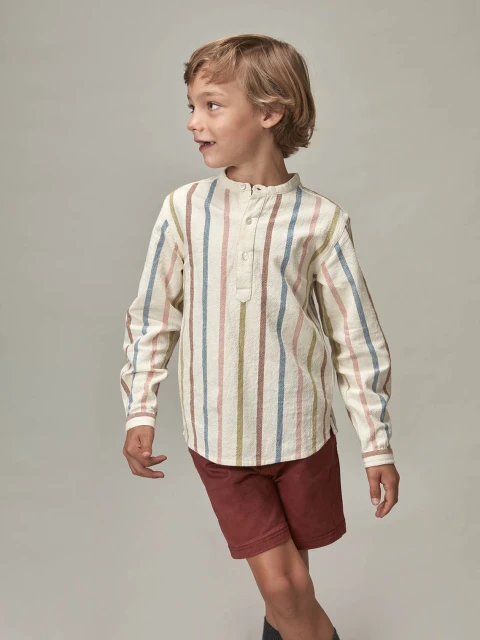 Camisa Cuello Mao Rayas Multicolor Crudo