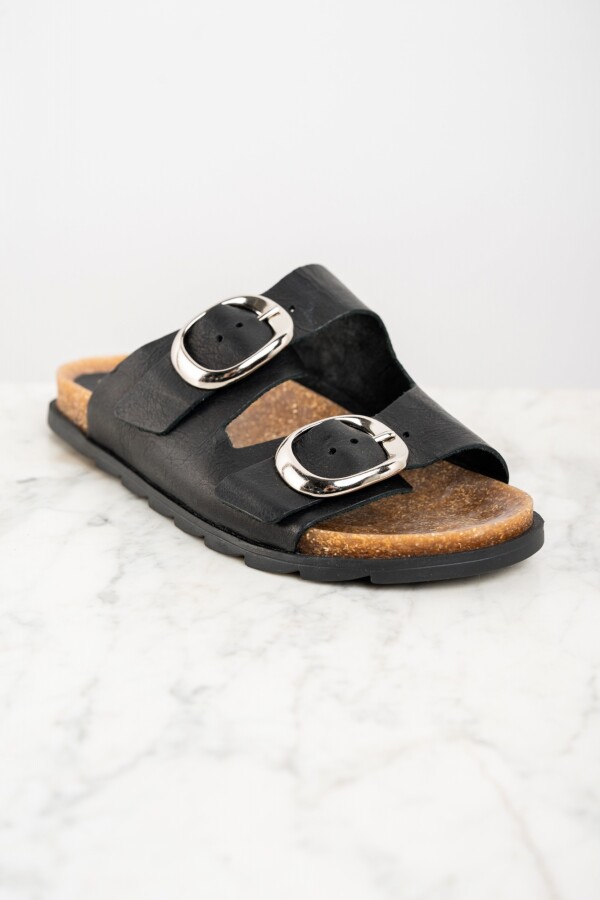 Sandalia Cuero Con Hebillas Negro