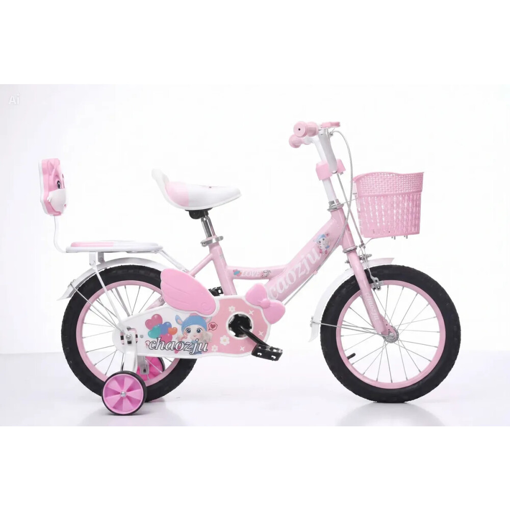 Bicicleta rodado 16 con rueditas, canasto y asiento trasero. Rosa