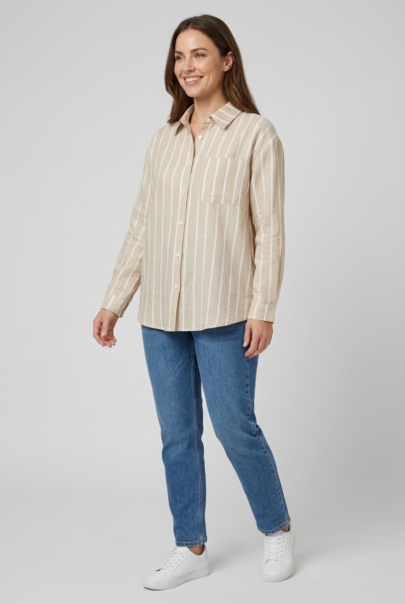 Camisa m/l rayada - Beige 