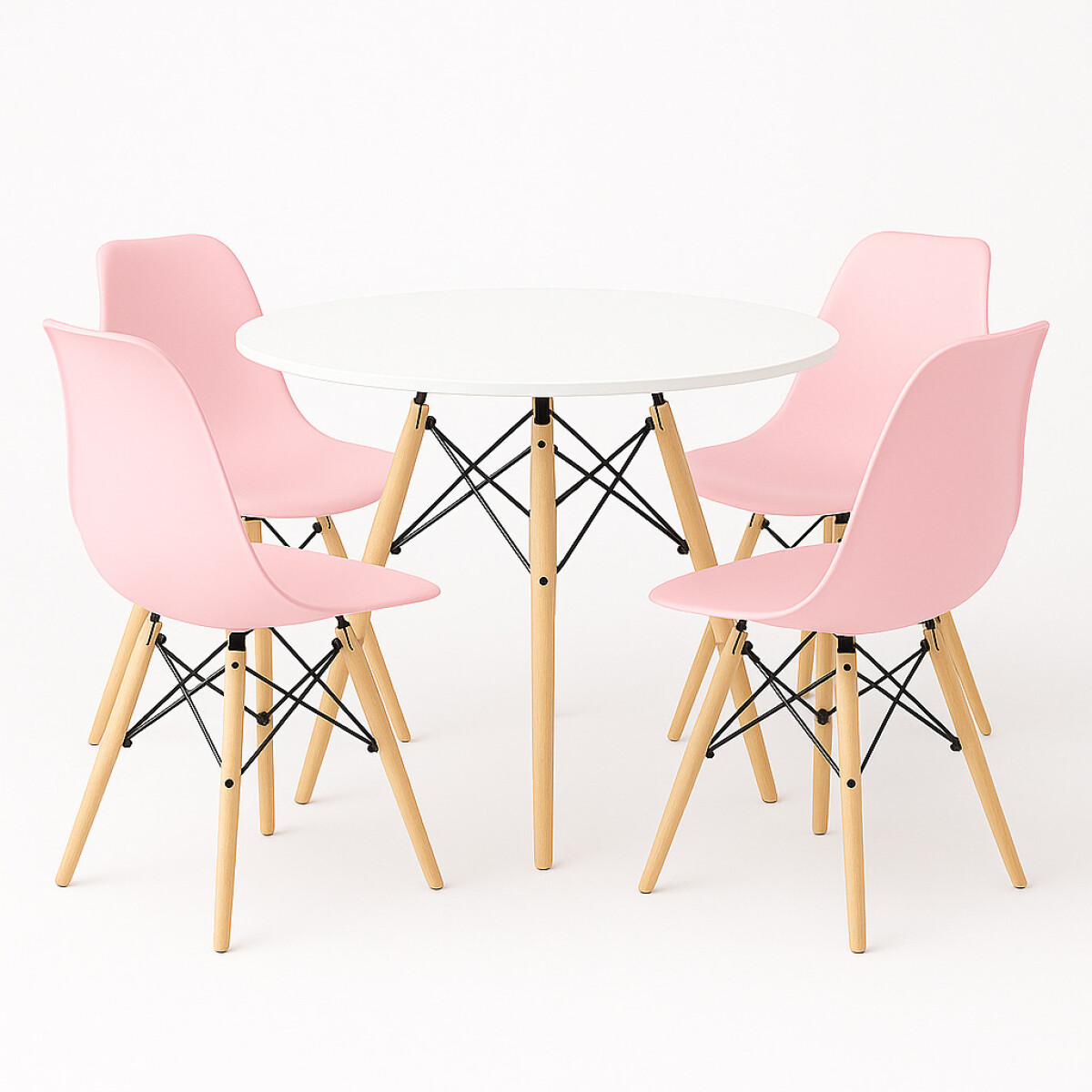 Juego de comedor Con Mesa Circular de 80cm + 4 Sillas Eames - Rosa/Blanco 