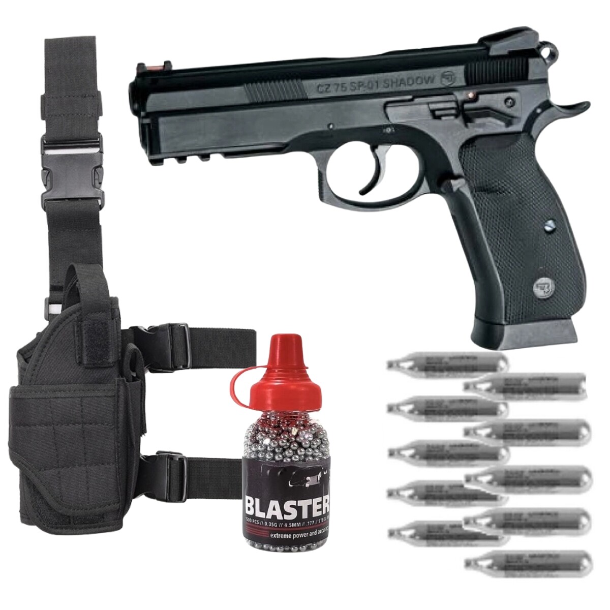 Combo Pistola Cz SP-01 4,5mm + botella BBs + 10 Garrafa de CO2 + muslera - Negro 