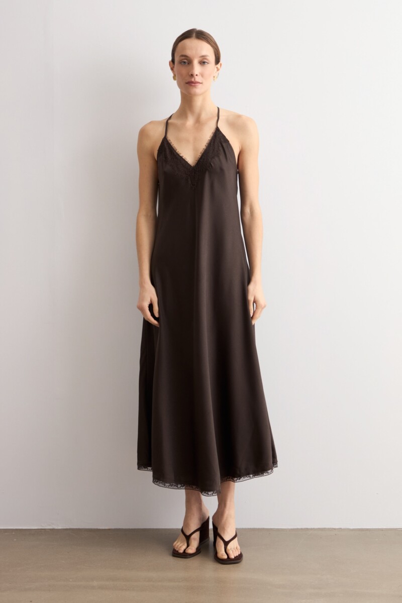 Vestido satén con encaje chocolate