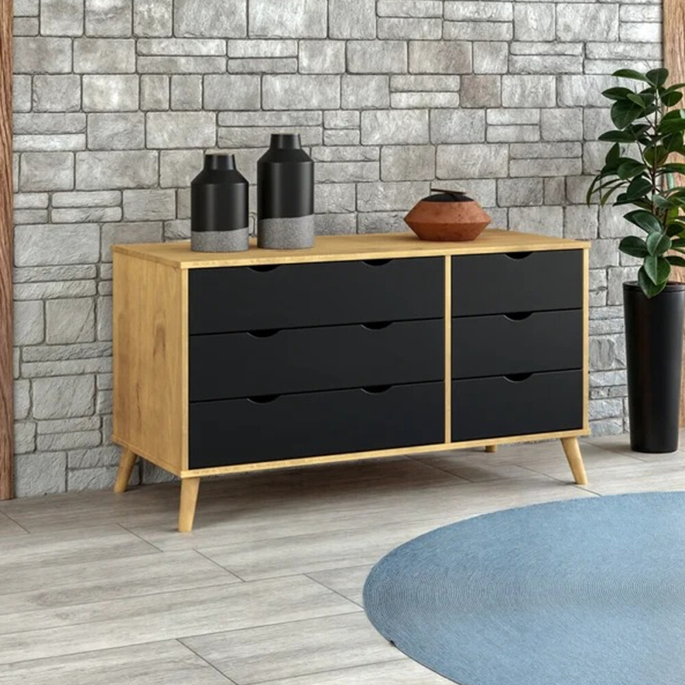 Cómoda Cajonera en madera maciza, con patas - 6 cajones MADERA - PRETO