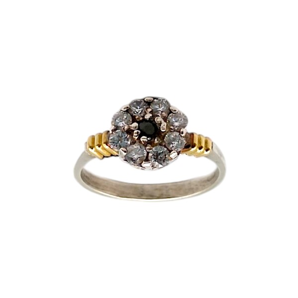 Anillo Flor-Plata y Oro-Piedra Onix y Zirconia-AN5177 conpiedra
