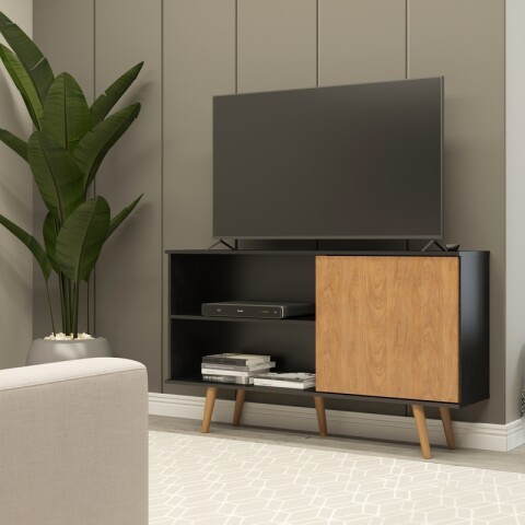 Mueble Rack de Tv de Piso con Puerta y Estantes 136 cm de Ancho - Negro / Roble Dakar Mueble Rack de Tv de Piso con Puerta y Estantes 136 cm de Ancho - Negro / Roble Dakar