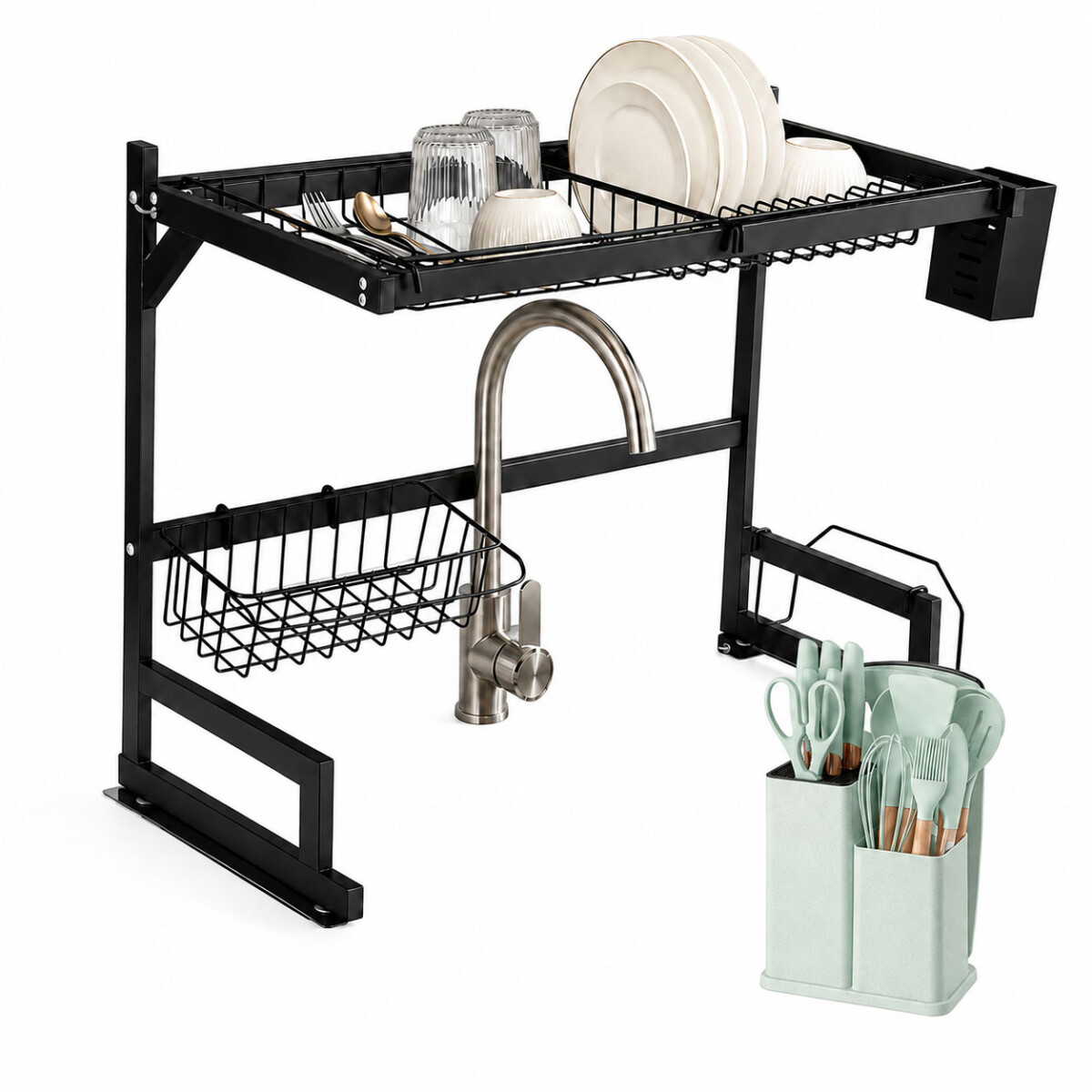 Set Utensilios Cocina 19Pz + Escurridor Ac.Inox Sobre Mesada - Verde Claro 