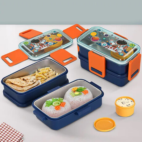 Vianda doble piso con cubiertos, division y tapa Azul