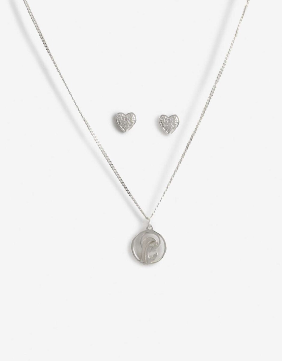 Set Para Niñas En Plata Aros Corazón Y Dije Virgen Niña - Plateado Rodio 