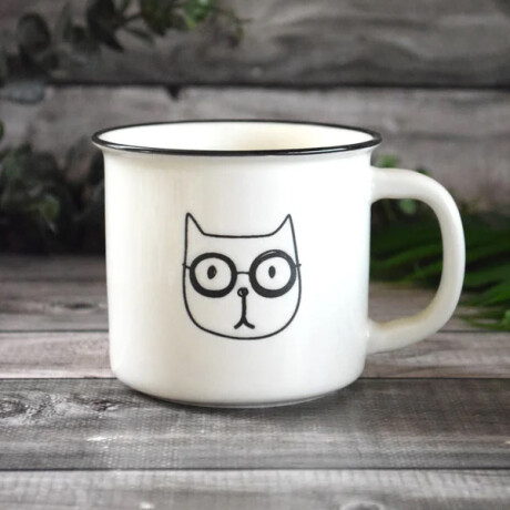 Taza Vintage Carita Gato – Cerámica Blanca con Borde Negro 400ml Lentes