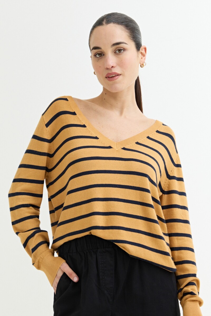 Sweater escote V rayas - Azul marino 