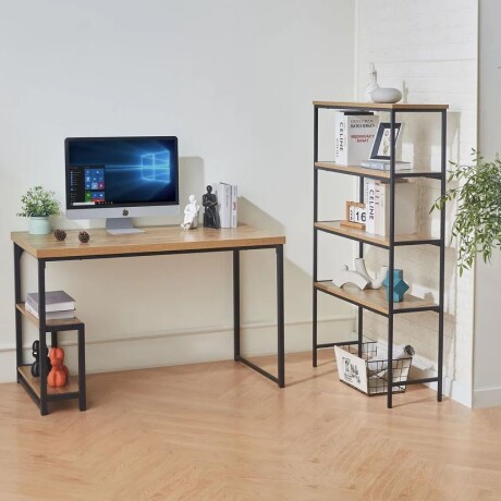 Set de escritorio y estantería Kanawa de MDF y acero café Set de escritorio y estantería Kanawa de MDF y acero café