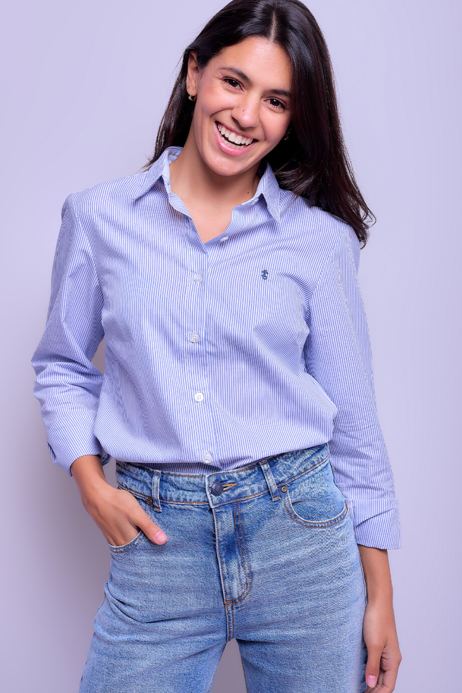 Camisa Dama Clásica Raya Celeste 1
