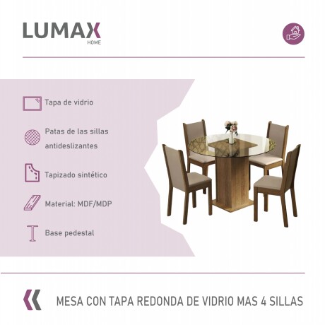 Juego de comedor con mesa redonda de vidrio y 4 sillas rústicas Beige