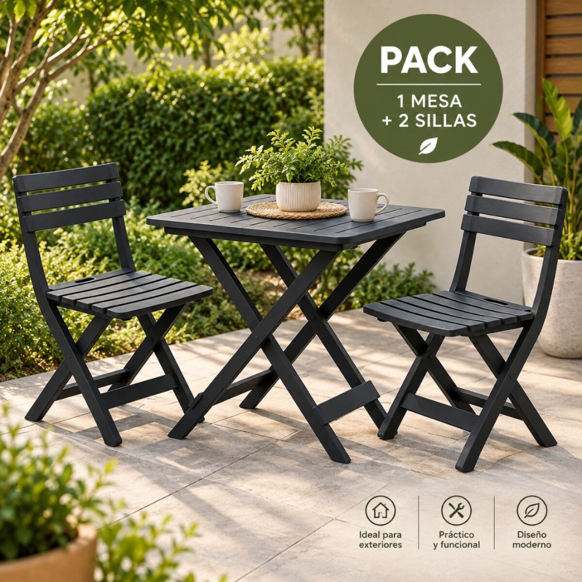 Combo Mesa + 2 Sillas Plegables Simil Madera Jardin Terraza 