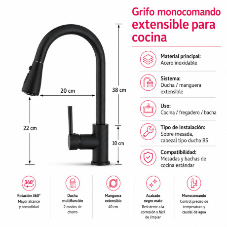 Grifo Monocomando Manguera Extensible Cocina Moderno Negro