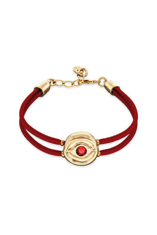 PULSERA DE CUERO DOBLE ROJA CON DETALLE DE OJO EN ALEACIÓN DE METALES BAÑADO EN ORO 18K Y CRISTAL Pulsera