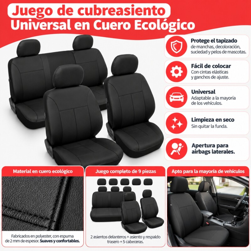 Juego de cubre asiento para autos en cuero ecológico NEGRO