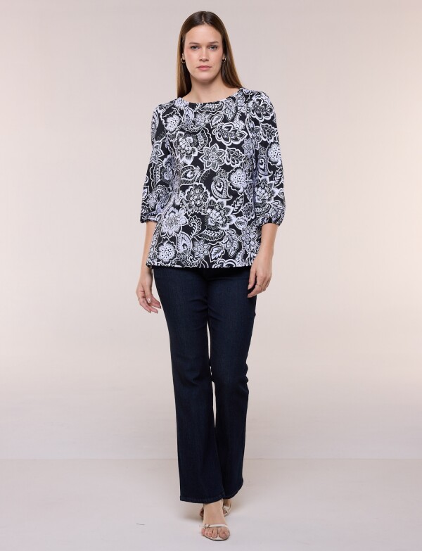 Blusa Manga Abullonada Estampado Floral Arabesco NEGRO/BLANCO