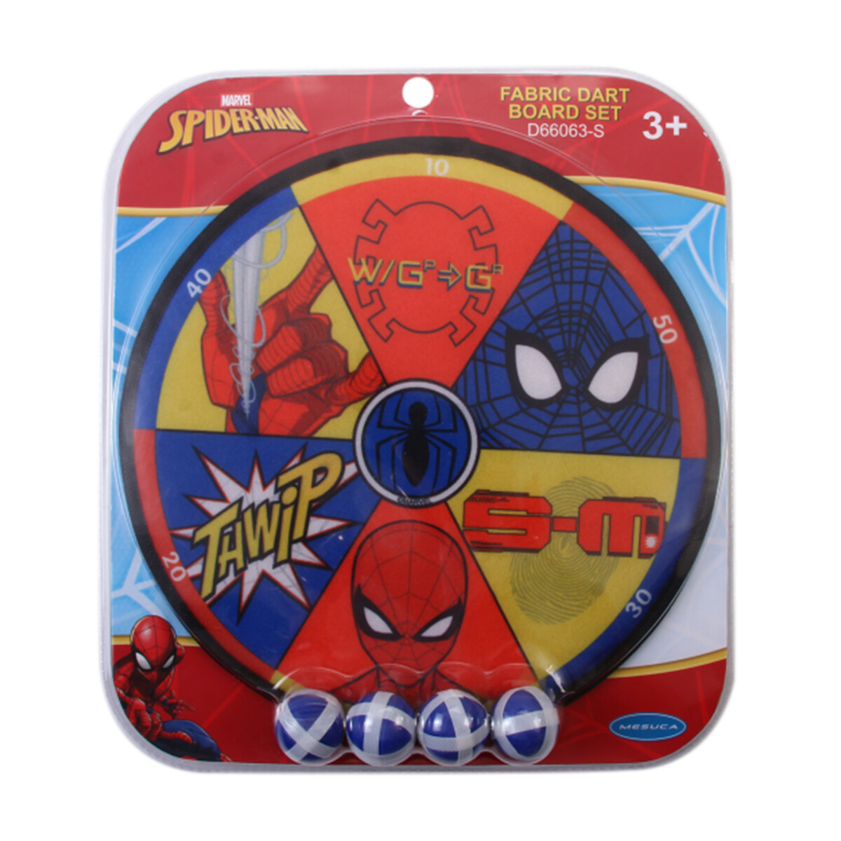 Juego Tiro Blanco Spiderman Tablero Tela con 4 Pelotas Adhesiva 
