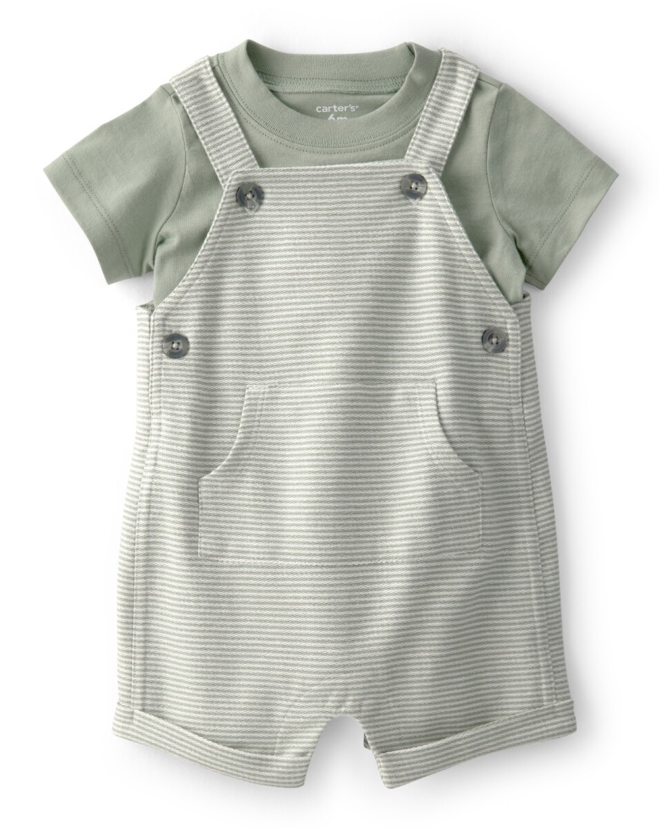 Set dos piezas de algodón, enterito corto y remera, diseño a rayas, verde 
